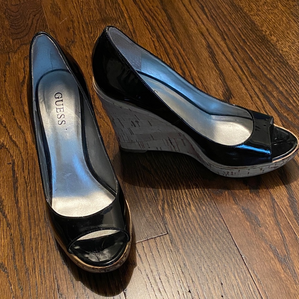 Guess Glossy Black Peep Toe Wedges
